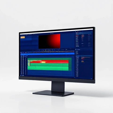 Ultra-wide monitor split-screen with vibrant video editing timeline and tools, bright studio background, reflections hinting multitasking.