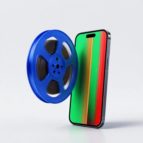 Dynamic split-screen of a spinning film reel transforming into a vibrant phone with a vertical video timeline.