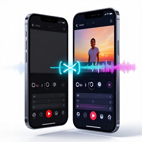 Split-screen of a smartphone editing a vertical video, with dynamic before-and-after transformation and bright background.