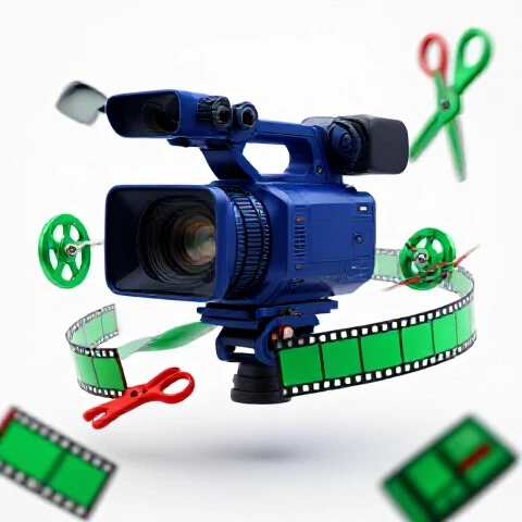 Modern video camera centered with swirling film strips and editing tools on a bright white background