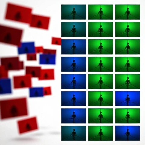 Split-screen of a chaotic blurry video timeline transforming into a crisp, vibrant and organized sequence on white background.