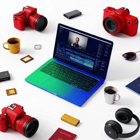 Colorful camera gear, laptop editing video, and travel essentials arranged in a bright, modern hotel room setting.