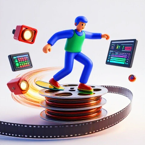 A stylized film editor icon surfing an energetic, glossy film reel surrounded by vibrant editing symbols on a bright studio background.