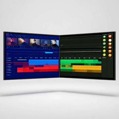 Split-screen 3D scene showing a messy editing timeline beside a smooth timeline with vibrant audience reactions.