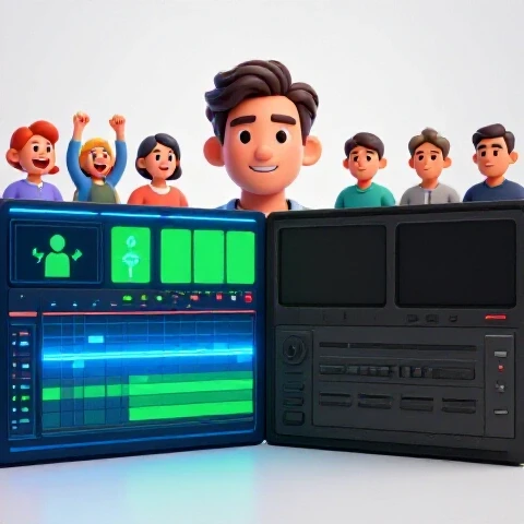 Split-screen 3D visual of vibrant versus muted video editing setups, highlighting dramatic audience reactions.
