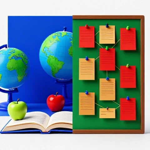 Split-screen of a vibrant classroom scene and a detective clue board with high-contrast colors