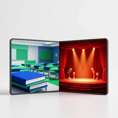 Split scene showing a vivid classroom with books and a glowing stage with spotlights and props, contrasting education with entertainment.