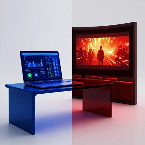 Split-screen 3D scene showing a data-focused workspace with charts beside a vibrant cinematic home theater, both with bold colors on a bright background.