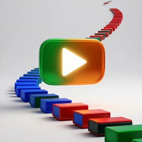 Vivid glowing play button illuminates a series of colorful, ascending video thumbnails in a bright studio setting.