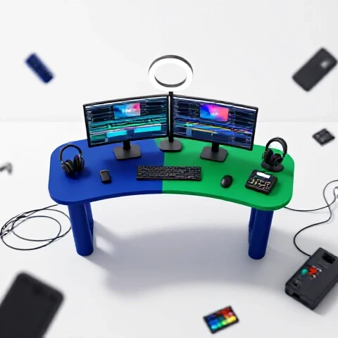 Top-down view of a vibrant editing desk setup with dual monitors, creative gear, and organized accessories on a bright background, fading into cluttered workspace at the edges.