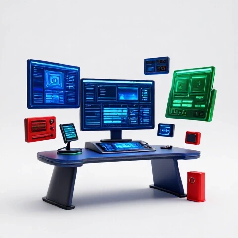 Futuristic workspace with glowing video editing tools and digital panels on a bright white background
