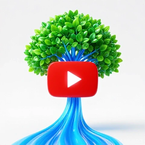 A radiant YouTube play button streams glowing blue envelopes toward a lush green tree, symbolizing list growth.