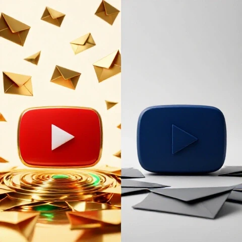 Split image showing vibrant YouTube play button with golden envelopes beside a dim button isolated by grey envelopes.