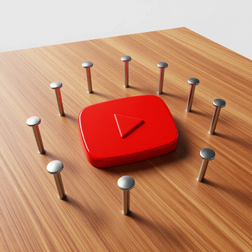 A vibrant red YouTube play button embedded in wooden texture with metallic nails surrounding it, symbolizing views.