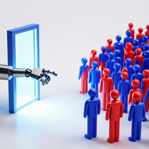 Abstract 3D scene of a creator reaching for a glowing exit door with an engaged audience leaning in.