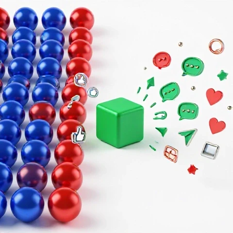 Split scene showing identical spheres exchanging likes beside a lone cube surrounded by engagement icons on bright white background.