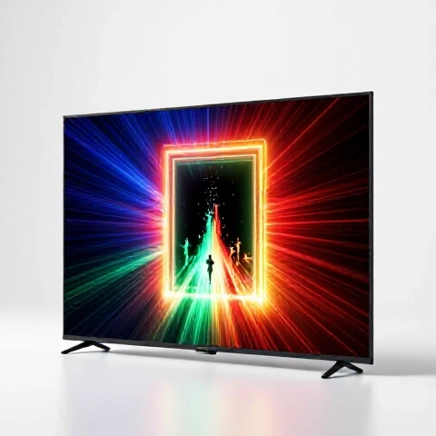 Vibrant video screen with a glowing portal radiates energy, pulling in excited viewer silhouettes on a bright studio background.