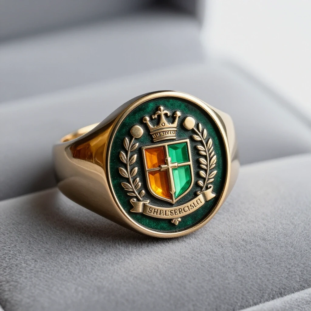 Close-up of an intricately engraved signet ring featuring a family crest, set on textured fabric.