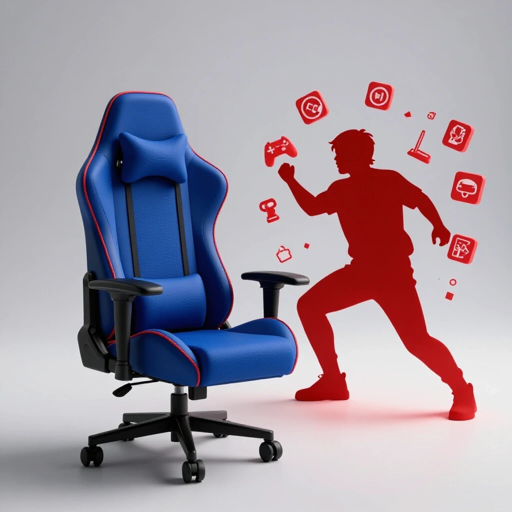 A split-screen composition featuring a vibrant gaming setup with an ergonomic seat cushion and a silhouetted gamer with gaming icons.