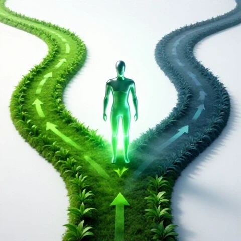 Personified silhouette stands at a vibrant forked path, one side lush and bright, the other dim and uncertain.