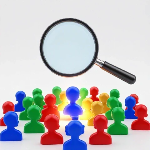 A glossy magnifying glass centers over colorful profile icons, highlighting glowing subscribers on a bright background.
