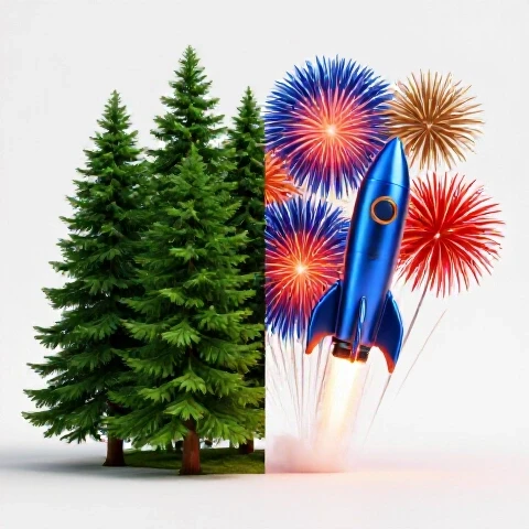 Split scene of lush emerald evergreen forest beside vibrant fireworks and a dynamic rocket for content growth contrast.