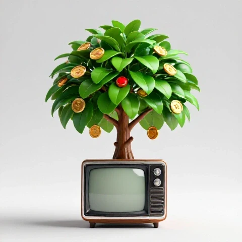 A lush money tree with golden coins and play buttons growing from a vintage television, set against a bright clean background.