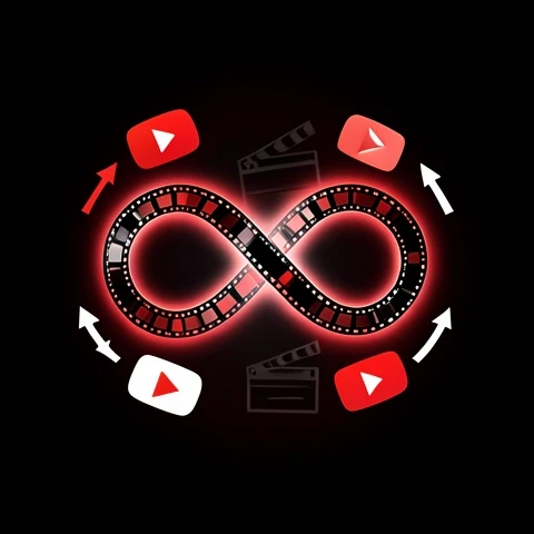 Centered infinity symbol made from film strips, surrounded by play icons and chart arrows, suggesting evergreen YouTube growth.