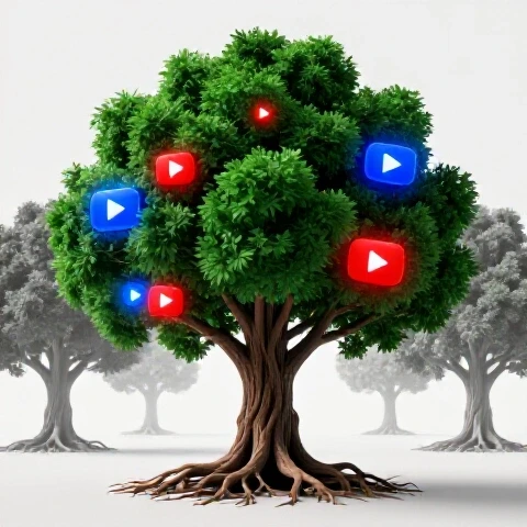 Thriving green tree with roots entwined around glowing play buttons, faded wilted trees behind on a bright background.