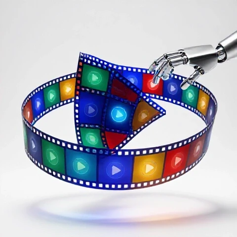 Glossy Möbius strip formed by vibrant video play buttons and filmstrips being assembled by a mechanical hand on a bright white background