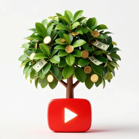 A vivid money tree with lush green leaves grows from a glowing red play button, gold coins and bills among leaves on a bright white background.