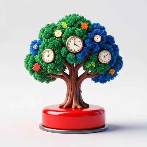 Glowing tree with clocks and seasonal icons growing from a luminous play button on a bright background