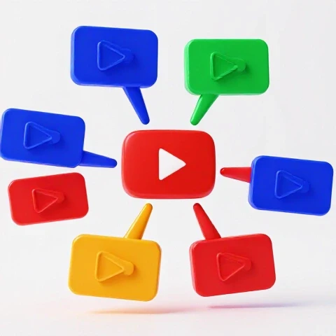 Central YouTube channel symbol with vivid video thumbnails branching out in a bright white studio.