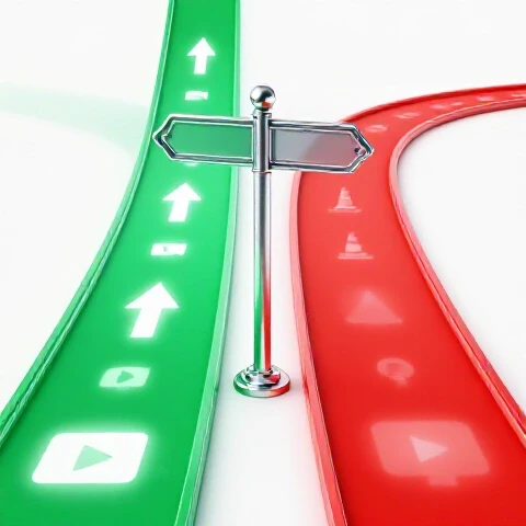 Split-scene crossroads with vibrant green path of opportunity and red path of challenge, centered signpost, clean bright background.