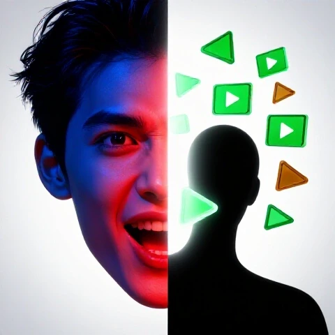 Split scene with vivid expressive face emerging into spotlight beside silhouette with dynamic video icons
