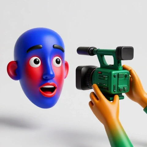 Split-screen showing vibrant expressive face lit by screen on one side, hands using video gear on the other, on bright background