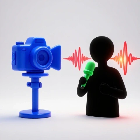 Split-screen showing a vibrant facecam setup with camera icon and a mysterious soundwave narrator, both on a bright background