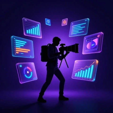 3D-rendered silhouette operating advanced camera with glowing analytics and charts, dramatic lighting, modern aesthetic.