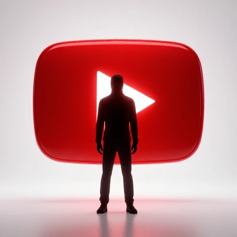 A glowing faceless silhouette stands in front of a vibrant red YouTube play button on a bright white background