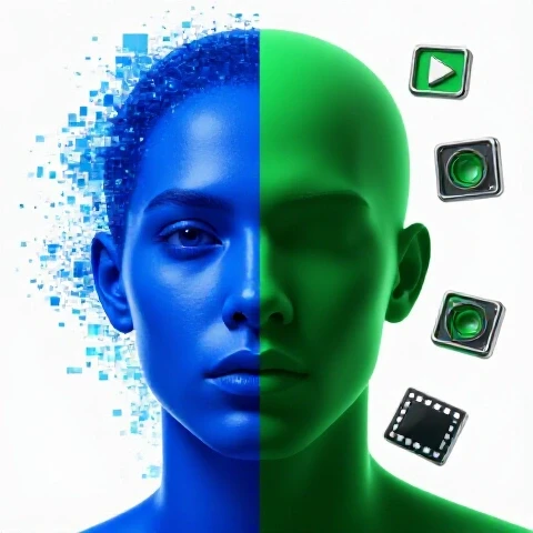 Dramatic split image of a human face dissolving into digital pixels beside a vibrant anonymous silhouette with video icons.