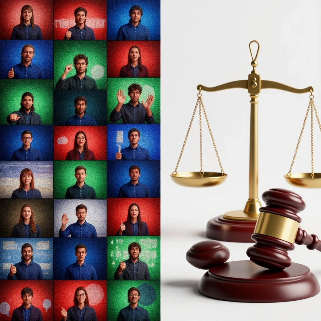 A contrasting image showing vibrant video thumbnails alongside a calm gavel, symbolizing fair use in YouTube content.