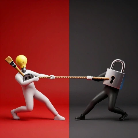 3d render of symbolic tug-of-war between creative freedom and copyright over a split vibrant background, emphasizing fair use tension.