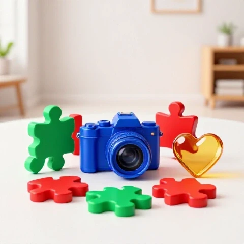 Vibrant camera surrounded by colorful family-inspired 3D symbols in a bright, inviting home setting