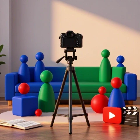 Cozy living room at sunset with camera on tripod capturing vibrant family-themed props, warm lighting, and rich colors.