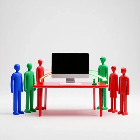 Vibrant family figurines in rich colors connected to a glowing computer by luminous arrows on a bright background.