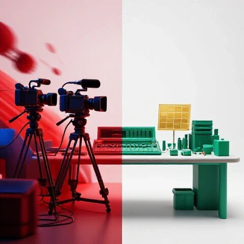 Split-screen of chaotic video gear clashing with an organized, serene video workspace on a bright background.
