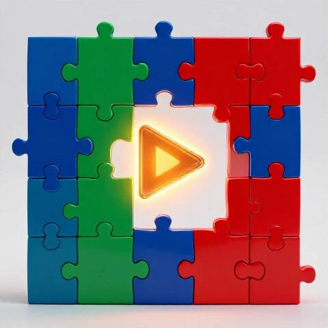 A glowing video play button puzzle piece fits into a vibrant, incomplete puzzle on a bright studio background.
