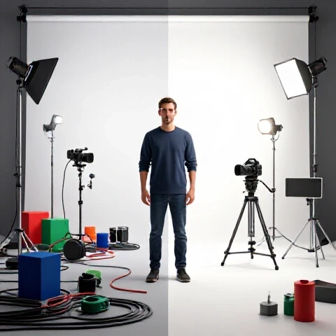 Split scene featuring a chaotic, cluttered video shoot contrasted with a streamlined, organized set, both with vibrant gear on a luminous background.