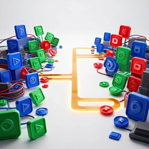 A vibrant, cluttered editing workspace packed with chaotic plugin icons contrasting a glowing streamlined workflow path.