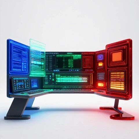 Split-screen image showing advanced video editing workstation and glowing AI tools on a luminous white background.
